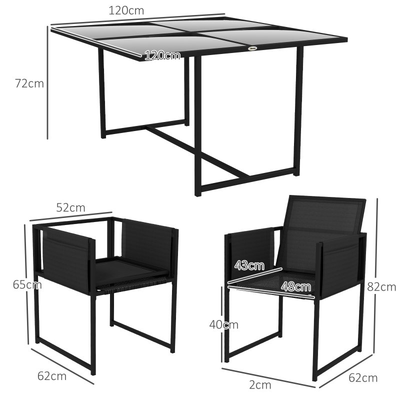 Outsunny 5 Piece Garden Dining Set, 4 Seater Outdoor Table and Chairs with Texteline Seat, Space Saving Cube Set with Foldable Backrest, Tempered Glass Table Top, for Patio, Black