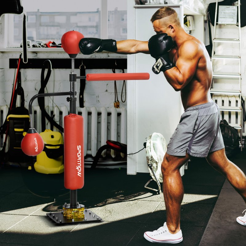 SPORTNOW 140-205cm Inflatable Boxing Bag with Reaction Bar Challenge, Freestanding Punching Bag Training Equipment, with Suction Cups, Speed Punching Bag, MMA Equipment, Red