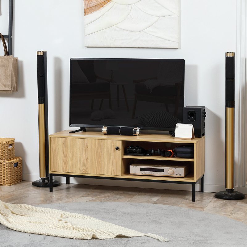 HOMCOM TV Stand Cabinet for TVs up to 50", TV Unit with 3 Compartments, Cable Management, TV Cabinet with Sliding Door for Living Room, Bedroom, Natural Wood Finish
