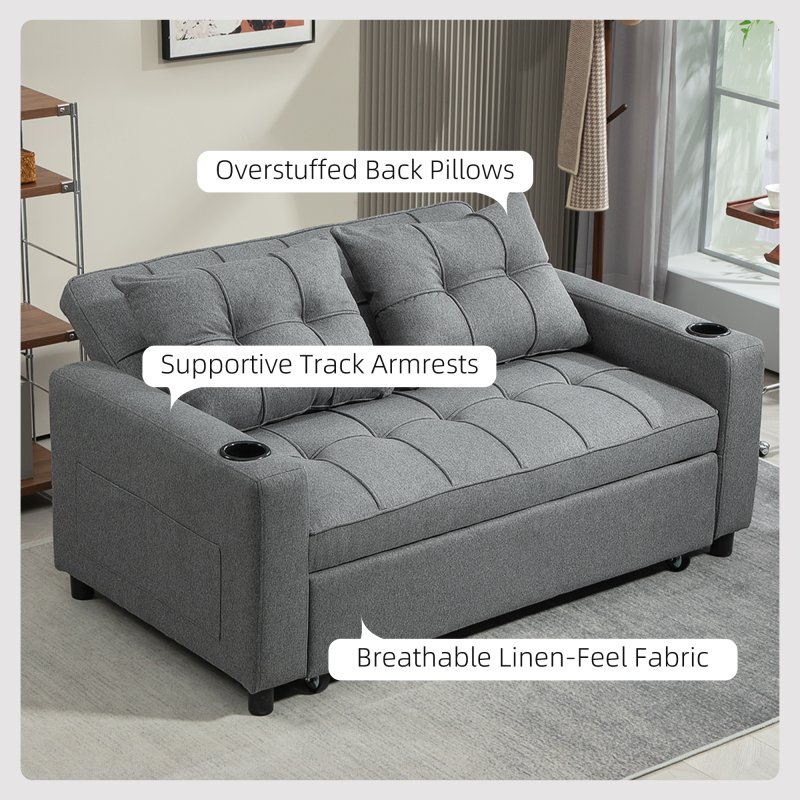 HOMCOM 2 Seater Sofa Bed, Convertible Pull Out Sofa Bed with Adjustable Backrest, Cup Holders and Pillows, Click Clack Settee for Living Room, Bedroom, Guest Room