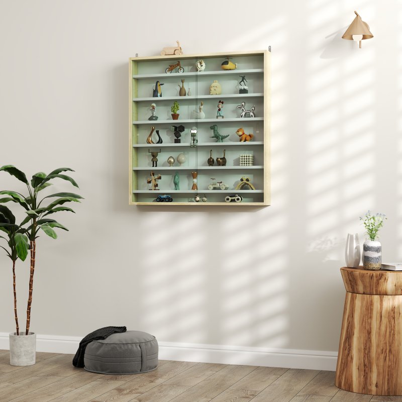 HOMCOM 7-Tier Wall Mounted Display Cabinet, Display Case with 6 Adjustable Shelves, Glass Doors for Home Office Ornaments 83x80cm, Rustic Brown