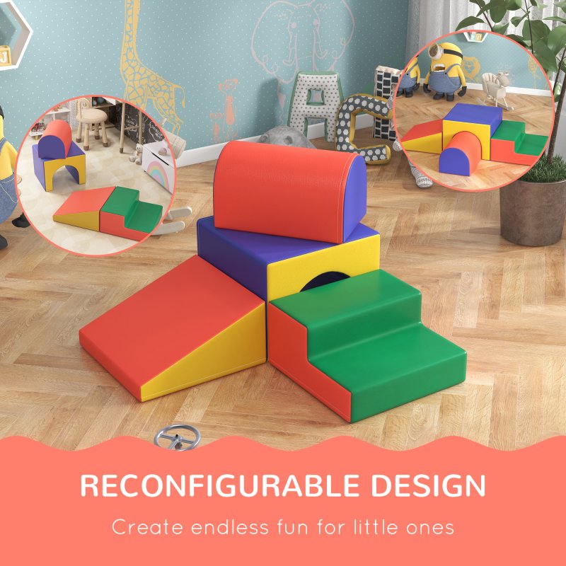 HOMCOM Baby Soft Play Set, 4 Piece Soft Play Equipment for Toddlers 12-36 Months, Climb and Crawl Foam Play, Kids Activity Play Toy, Red