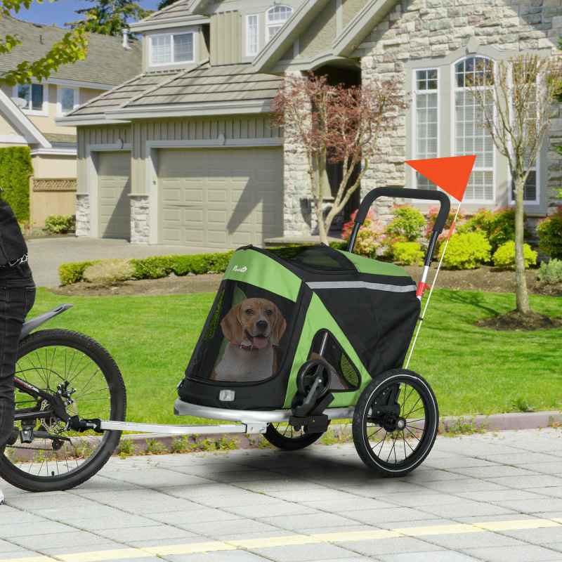 PawHut Dog Bike Trailer Dog Stroller 2 in 1 Foldable with Aluminium Frame, Quick-Release Wheels, Safety Leash, Anti-Slip Mat, Hitch Coupler, Reflectors, Flag, for Medium Dogs - Green