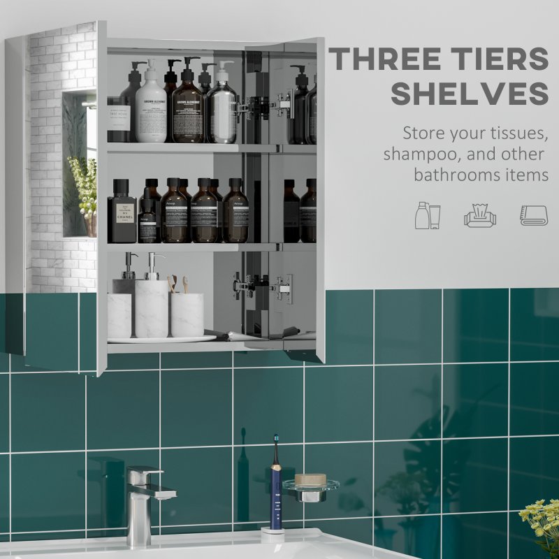 kleankin Bathroom Mirror Cabinet, Stainless Steel Wall-Mounted Bathroom Storage Cabinet with 2 Hinged Doors and Shelves for Laundry Room, 54W x 60Hcm, Silver