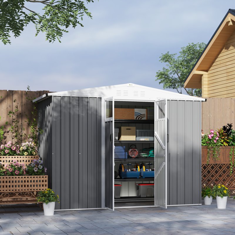 Outsunny 8 x 4 ft Metal Garden Shed, Garden Storage Shed with Window, 4 Vents and Lockable Door, Waterproof Galvanised Steel Tool Storage Shed, Light Grey