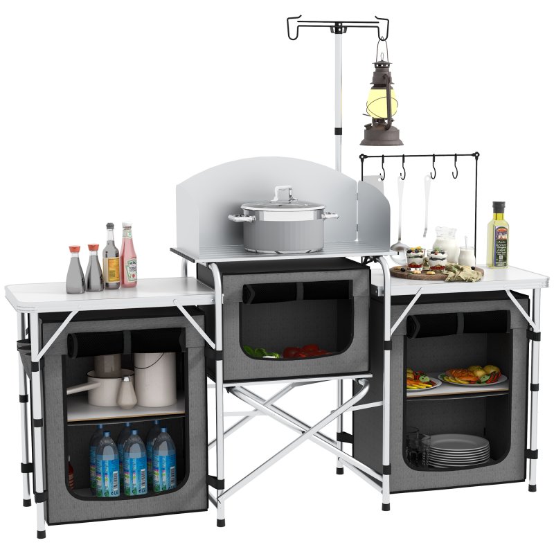 Outsunny Folding Camping Kitchen, Portable Aluminium Camping Table with 3 Fabric Cupboards, Windshield, Light Stand, Carrying Bag for BBQ, RV, Picnic, Grey
