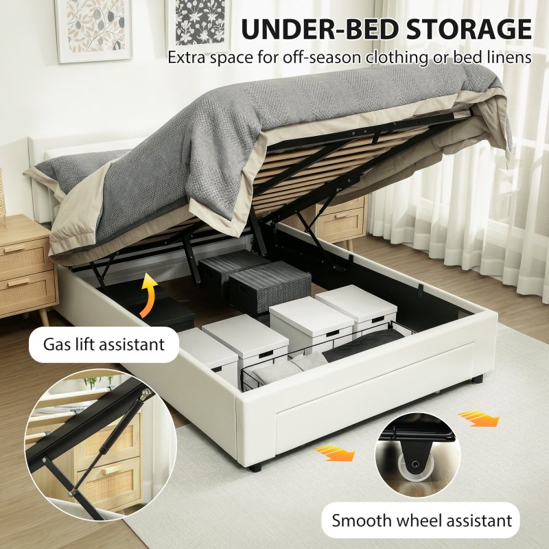 HOMCOM Double Ottoman Bed Frame, 4ft6 Gas Lift Storage Bed with 2-Level Adjustable Velvet Upholstered Headboard, Wheeled Drawer and Wooden Slats, No Mattress, Cream White