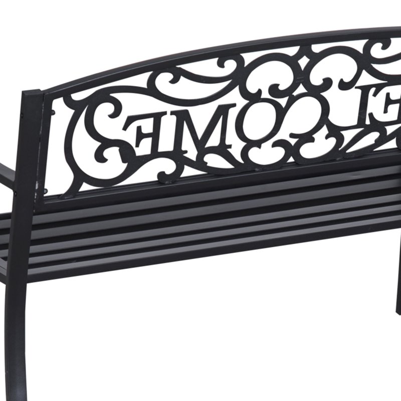 Outsunny Garden Bench, Metal Outdoor Bench Seat, 2 Seater Patio Loveseat with Welcome Backrest, Armrests and Slatted Seat, 240 KG Capacity for Park, Porch, Black