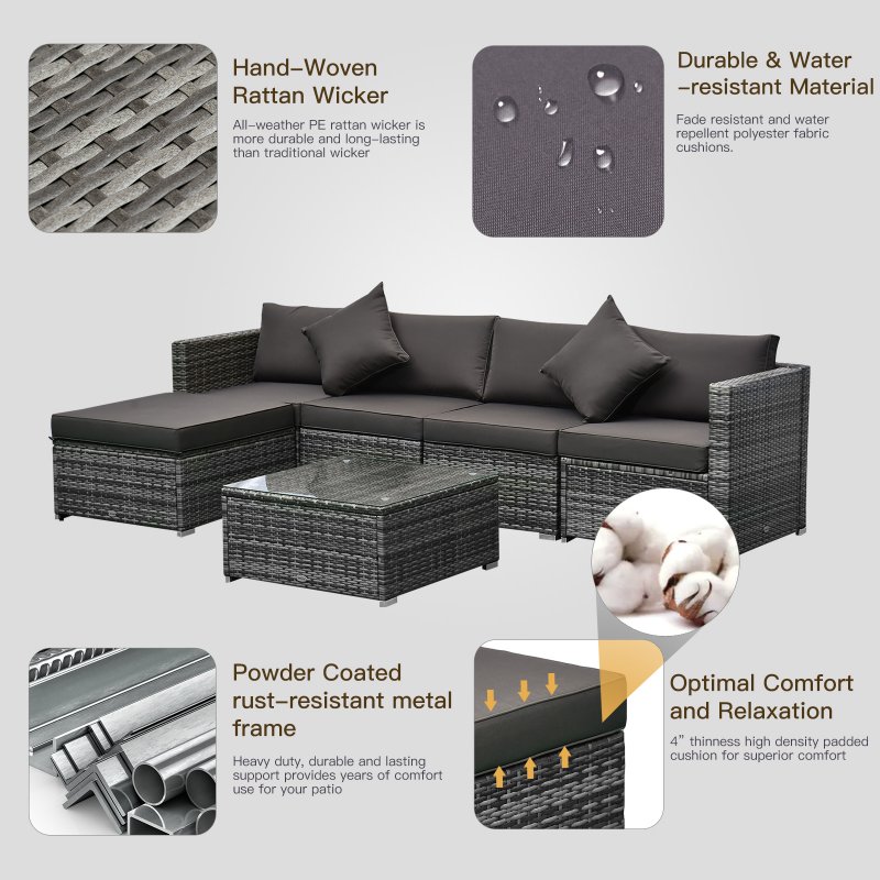 Outsunny 6 Pieces Rattan Garden Furniture Set, 5 Seater Sectional Garden Corner Sofa Set with Glass Top Coffee Table, Cushions and Pillows, All-Weather Wicker Conversation Furniture, Grey