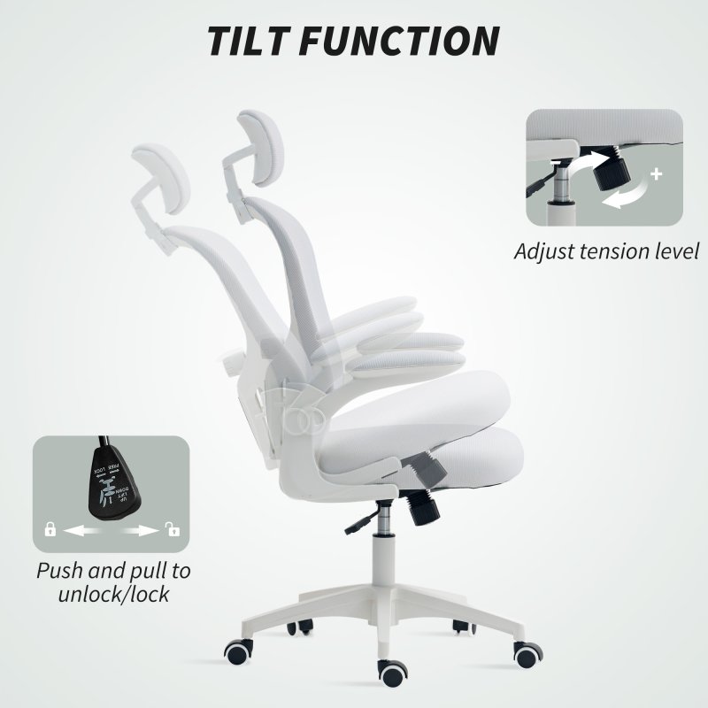 Vinsetto High Back Office Chair, Mesh Computer Desk Chair with Rotatable Headrest, 4D Lumbar Support, Flip-up Arm, Adjustable Height, White