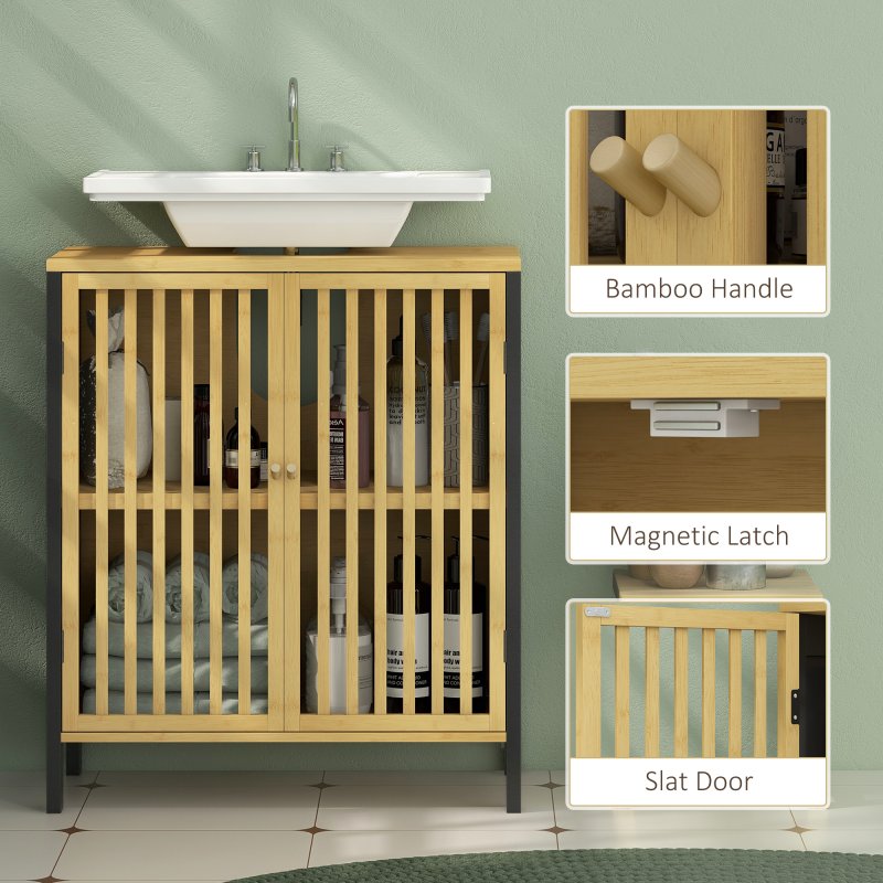 HOMCOM Under Sink Bathroom Cabinet, Bamboo Sink Storage Cabinet, Bathroom Vanity Unit with 2 Slat Doors, Adjustable Shelf and U-Shape Slot for Pipe Fit