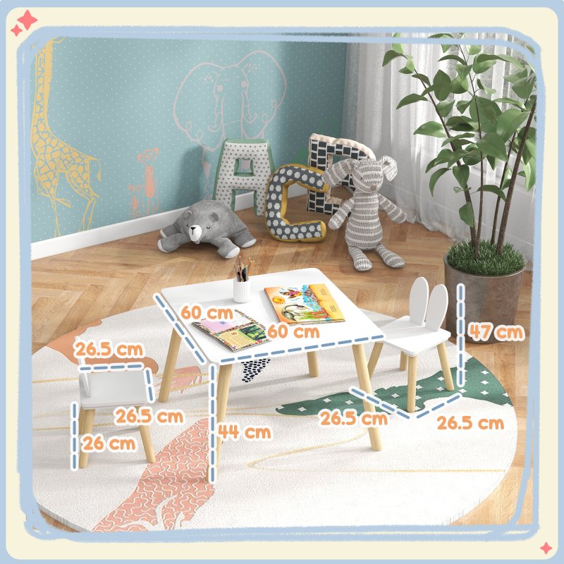 AIYAPLAY 3 Pieces Toddler Table and Chair Set, Kids Desk and 2 Chairs Set with Cute Bunny Ear Backrest, Wooden Legs, for Nursery, Playroom, Classroom - White