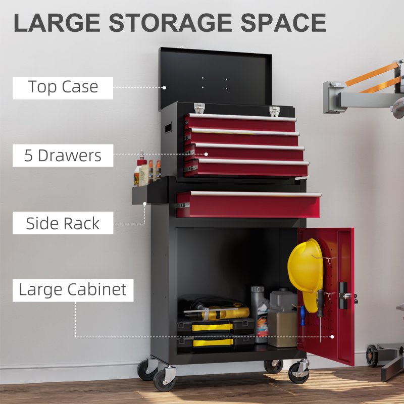 HOMCOM Rolling Tool Cabinet on Wheels with 5 Drawers and Lockable Cabinet, Portable Top Tool Chest and Roller Cabinet Combo for Workshop and Home, Red