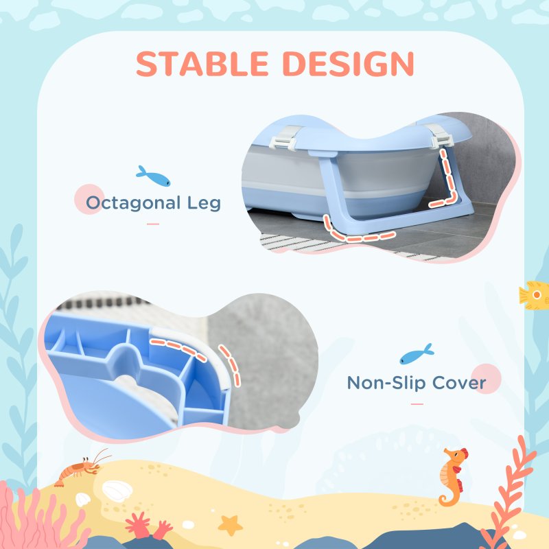 ZONEKIZ Foldable Baby Bath Tub Set, Collapsible Bathtub Antibacterial with Non-Slip Support, Cushion Pad, Shower Head Holder, for Newborn to Toddler Ages 0-6 Years - Blue