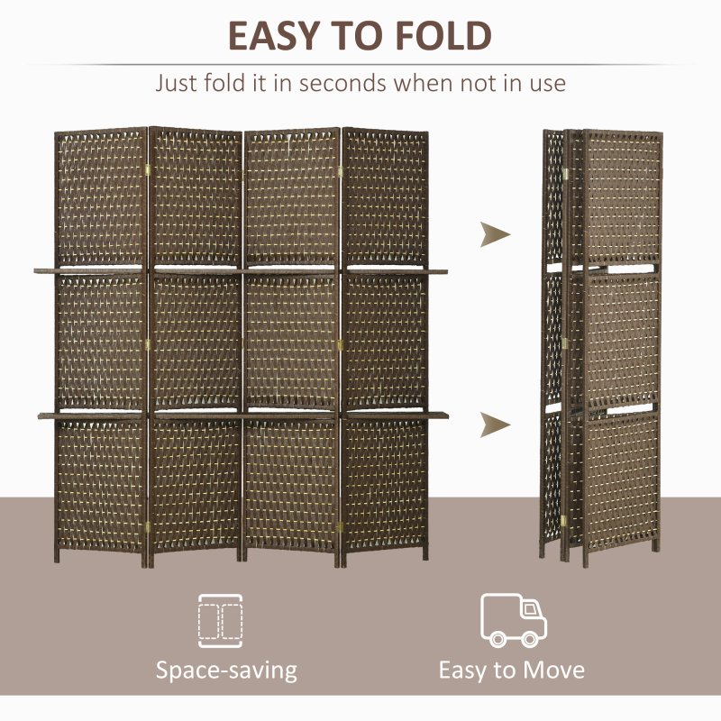 HOMCOM 4-Panel Room Dividers with Shelves, Wave Fibre Freestanding Folding Privacy Screen Panels, Partition Wall Divider for Indoor Bedroom Office, 180?cm, Brown
