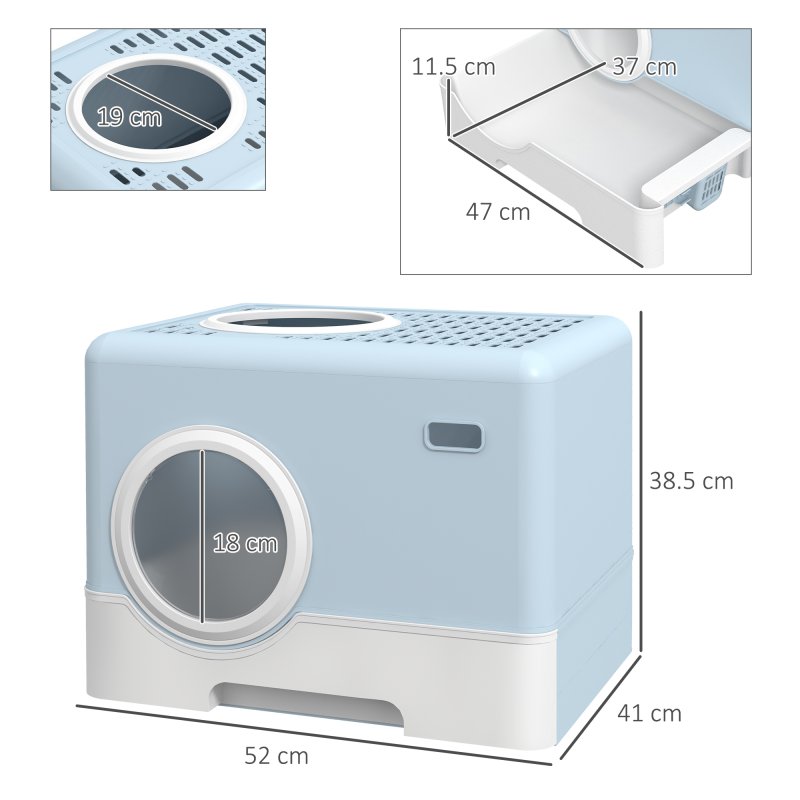 PawHut Cat Litter Tray with Hood Cat Litter Box with Front Entry, Top Exit, Drawer, Tray, Scoop, 38.5H x 52L x 41Wcm - Blue