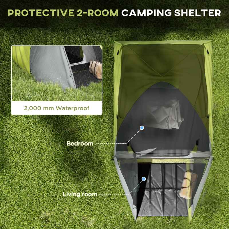 Outsunny 2 Man Camping Tent, Dome Tent with Bedroom and Living Room, 2000mm Waterproof, Portable with Bag, for Fishing Hiking Festival, Yellow