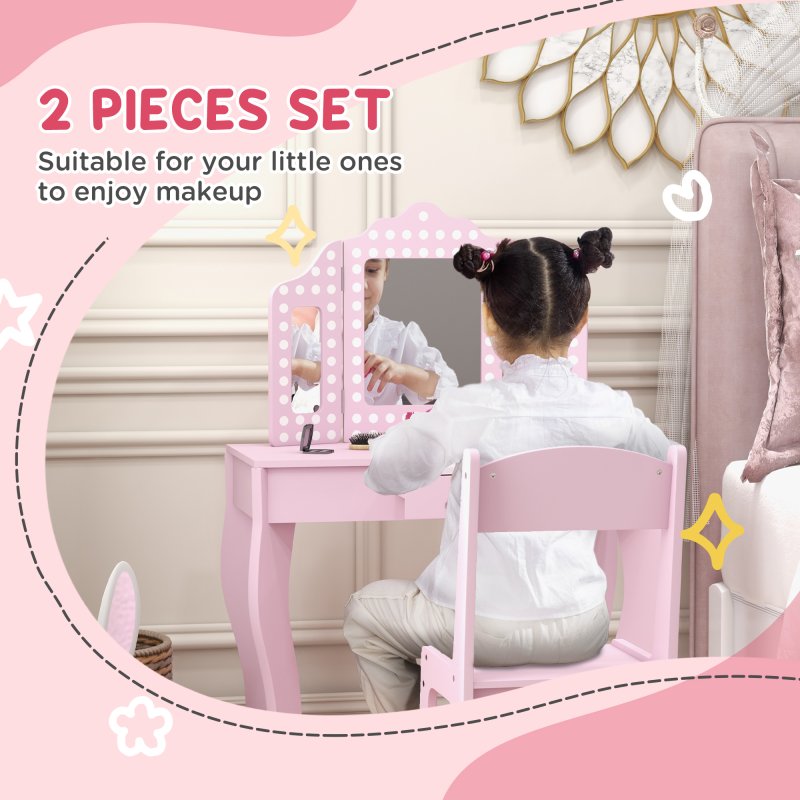 AIYAPLAY Kids Dressing Table with Tri-Fold Mirror and Stool, Kids Vanity Table, Girls Make up Desk with Drawer, for Aged 3-8 Years Old - Pink