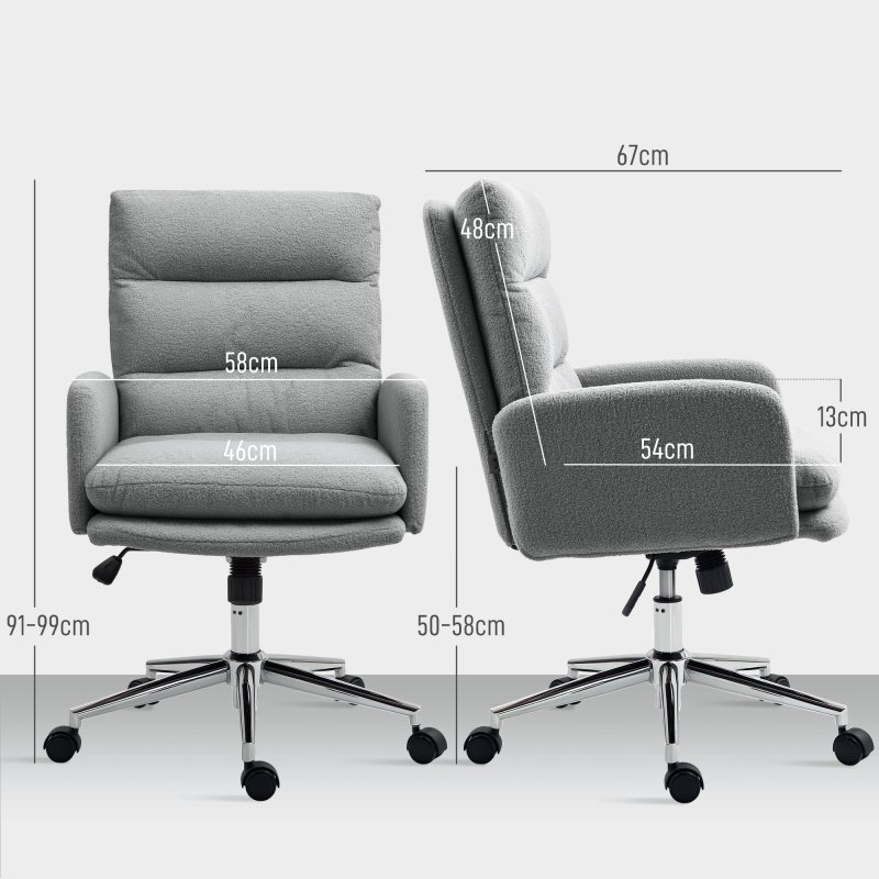HOMCOM Home Office Chair, Upholstered Sherpa Fleece Desk Chair with Height Adjustable, Tilt Function and 360° Swivel Wheels for Home Office and Study Room, Grey