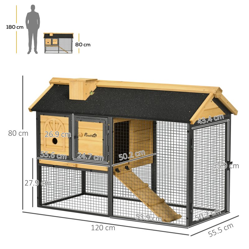 PawHut 2 Tiers Rabbit Hutch and Run, Guinea Pig Hutch Outdoor with Sliding Tray, Ramp, for 1-2 Rabbits