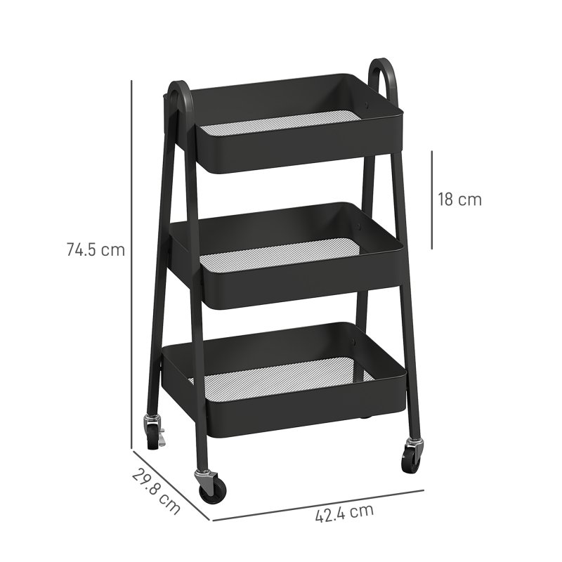 HOMCOM 3-Tier Storage Trolley on Wheels, Rolling Utility Cart with Handles, Mobile Kitchen Storage Cart for Living Room, Dining Room, Bedroom, Bathroom
