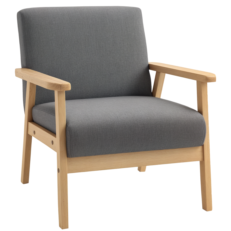HOMCOM Accent Chair Wood Frame with Thick Linen Cushions Wide Seat Armchair Home Furniture Bedroom Office Grey