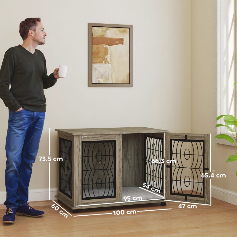 PawHut Dog Crate Furniture, Dog Cage with Soft Washable Cushion, Furniture-Style Pet Kennel Indoor House End Side Table for Small Medium Large Breeds, 100 x 60 x 73.5 cm, Grey