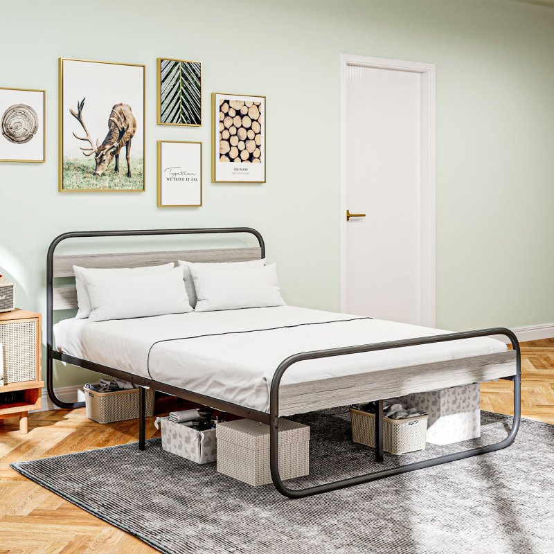HOMCOM 5ft King Size Bed Frame, Industrial Style Metal Platform Bed Frame with Under Bed Storage, No Box Spring Needed, Easy Assembly, Grey