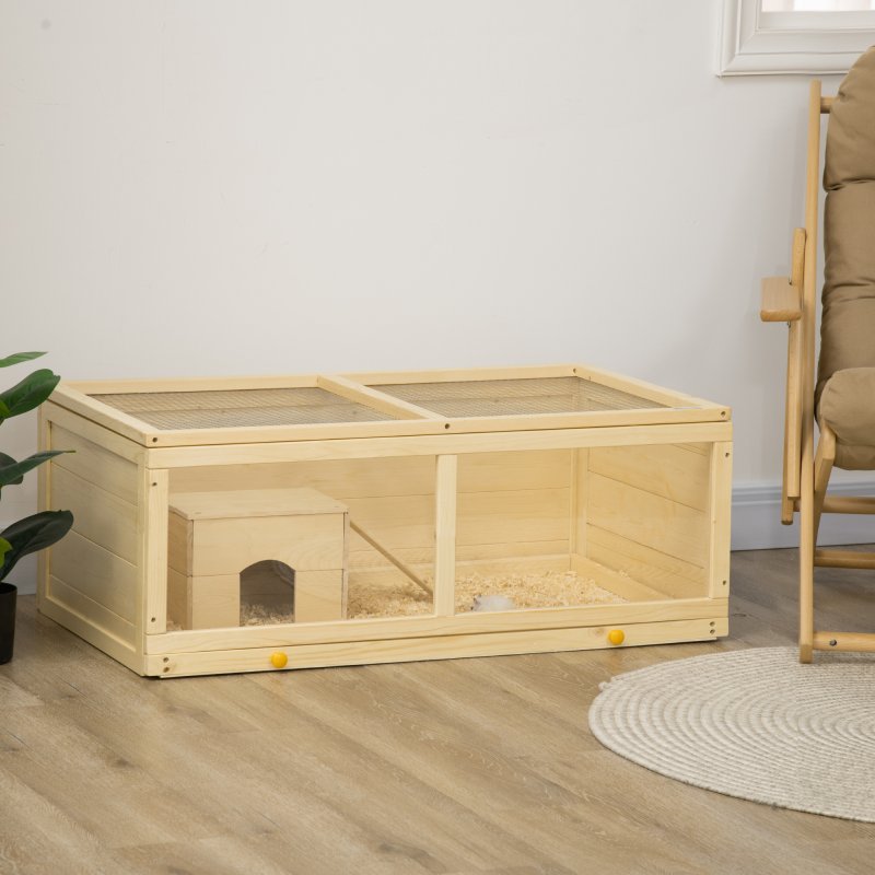 PawHut Wooden Hamster Cage, Small Animal Cage with Sliding Tray, Openable Top, Hut, Exercise Play House for Syrian Hamsters, Natural Wood Finish