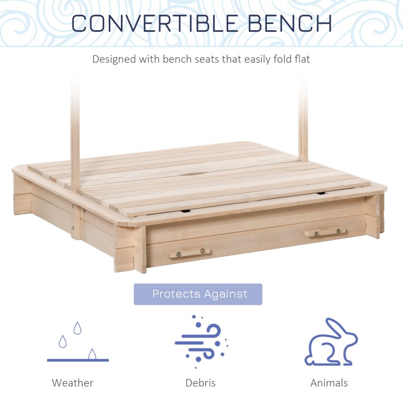 Outsunny Kids Wooden Sand Pit with Lids, Children Sandbox Height Adjustable Canopy for Garden, Convertible Bench Outdoor Garden Playset, Blue and White Canopy