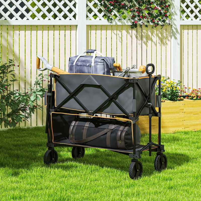 Outsunny Double Decker Folding Trolley on Wheels, 200KG & 350L Capacity Collapsible Wagon Festival Trolley Cart with 134cm Extended for Camping Sports Shopping Garden and Beach, Grey