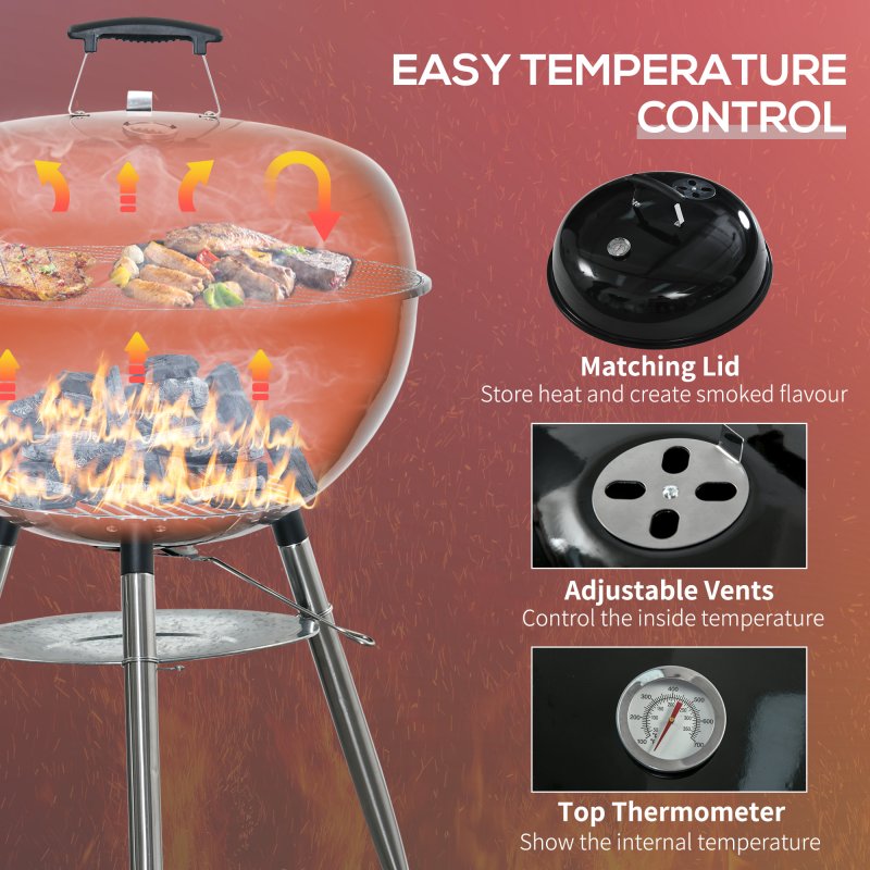 Outsunny Portable Kettle Charcoal Grill BBQ Smoker with Cover, Outdoor Round Barbecue with Lid, Thermometer, Turner, Knife, Clip, Storage Shelf, & Wheels for Party Patio Garden
