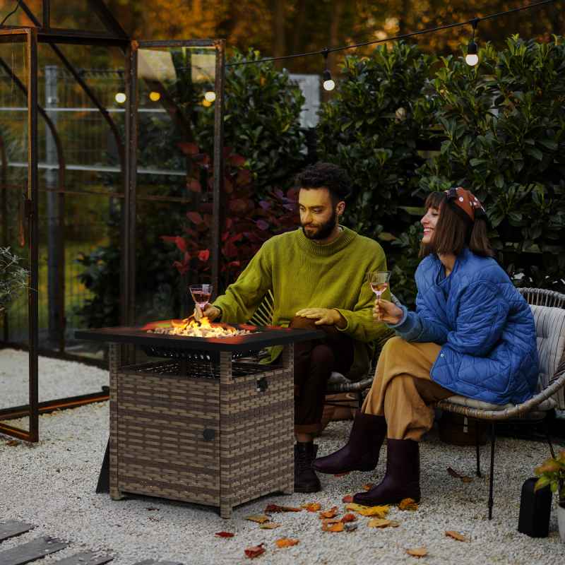 Outsunny Outdoor Rattan Gas Fire Pit Table, 50,000 BTU Square Garden Table with Fire Pit, Rain Cover, Wind Guard, Pulse-Ignition and Volcanic Rock, 72.5 x 72.5 x 67.5 cm, Mixed Brown