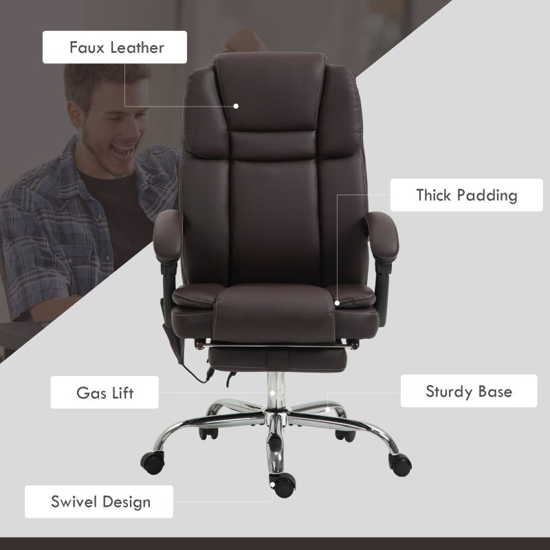 Vinsetto Office Chair with 6-point Vibration Massage and Heat, PU Leather High Back Recliner Desk Chair with Adjustable Height, Armrest, Footrest for Home, Dark Brown