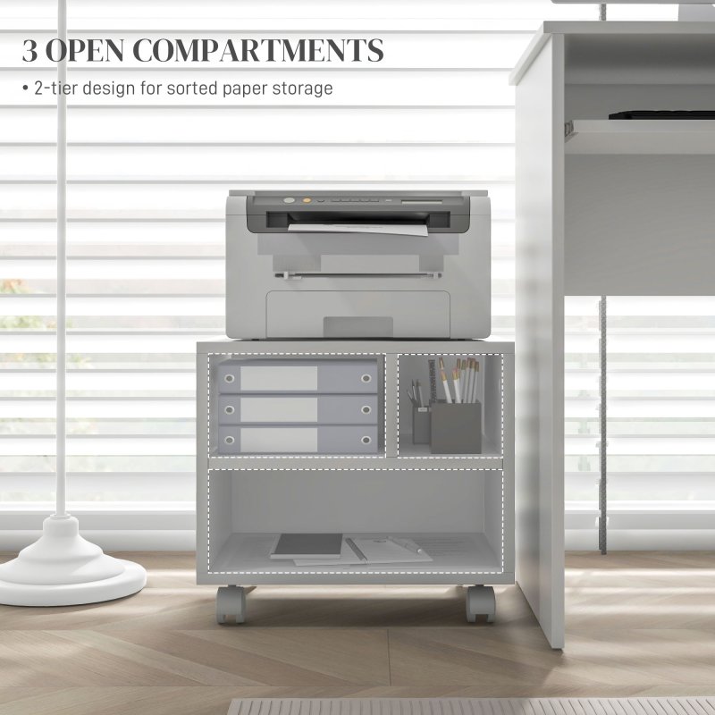 HOMCOM 2-Tier Printer Stand with Storage, Under Desk Printer Cart on Wheels with 3 Compartments, Desktop Printer Table for Home Office, White
