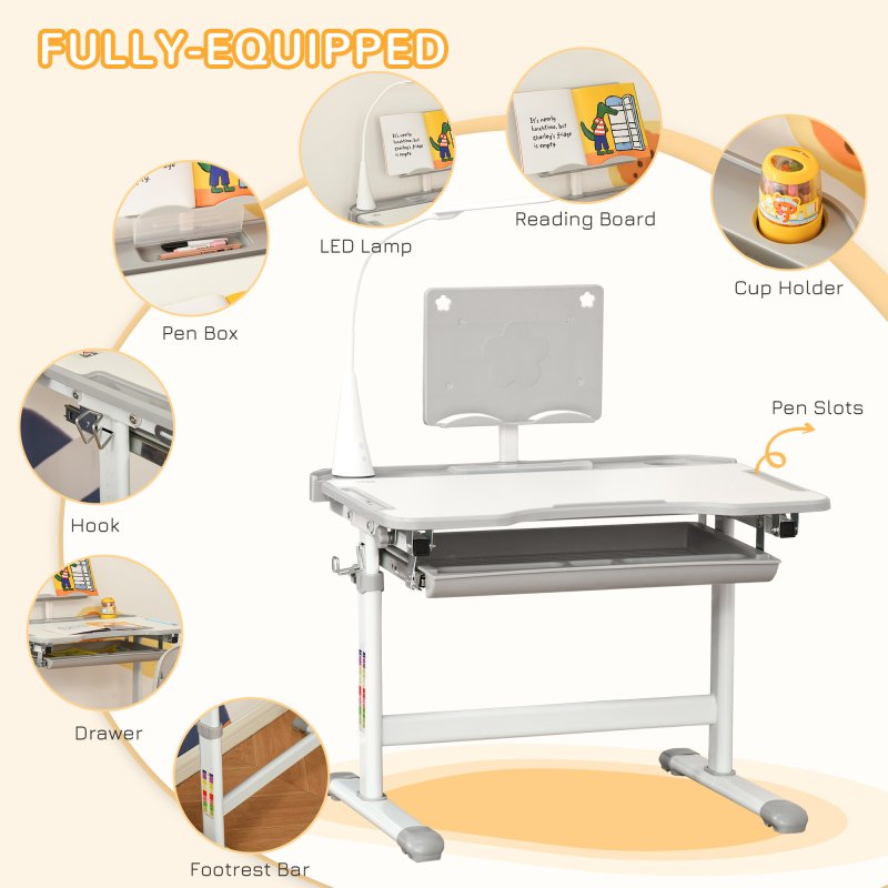 HOMCOM Kids Desk and Chair Set, Height Adjustable Study Desk with USB Lamp, Storage Drawer for Study, Grey and White