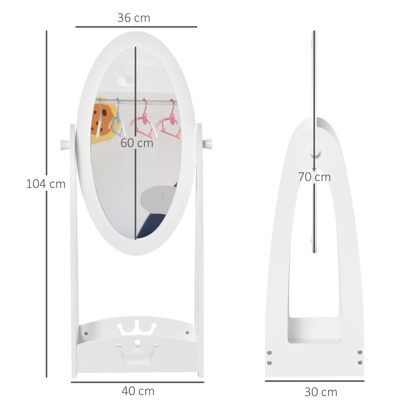 HOMCOM Free Standing Full Length Mirror, Child's Dressing Mirror with storage shelf, Children's White Bedroom Furniture 360?? Rotation MDF, For 3- 8 Years Old, 40L x 30W x 104H cm
