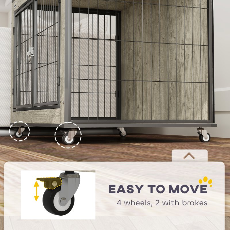 PawHut Dog Crate Furniture on Wheels, Dog Cage End Side Table with Lockable Double Doors, for Medium Breeds, 80 x 56 x 62.5cm, Grey