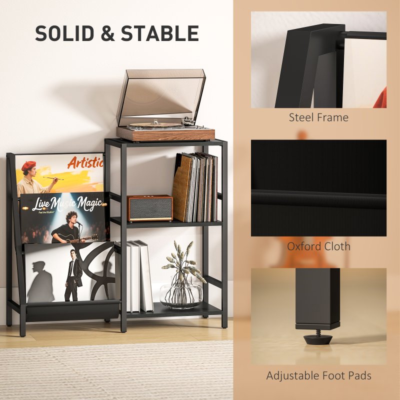 HOMCOM Record Player Stand, 3-Tier Side Table with Vinyl Record Storage, End Table with 3 Oxford Cloth Magazine Racks for Living Room, Bedroom, Black Wood Effect