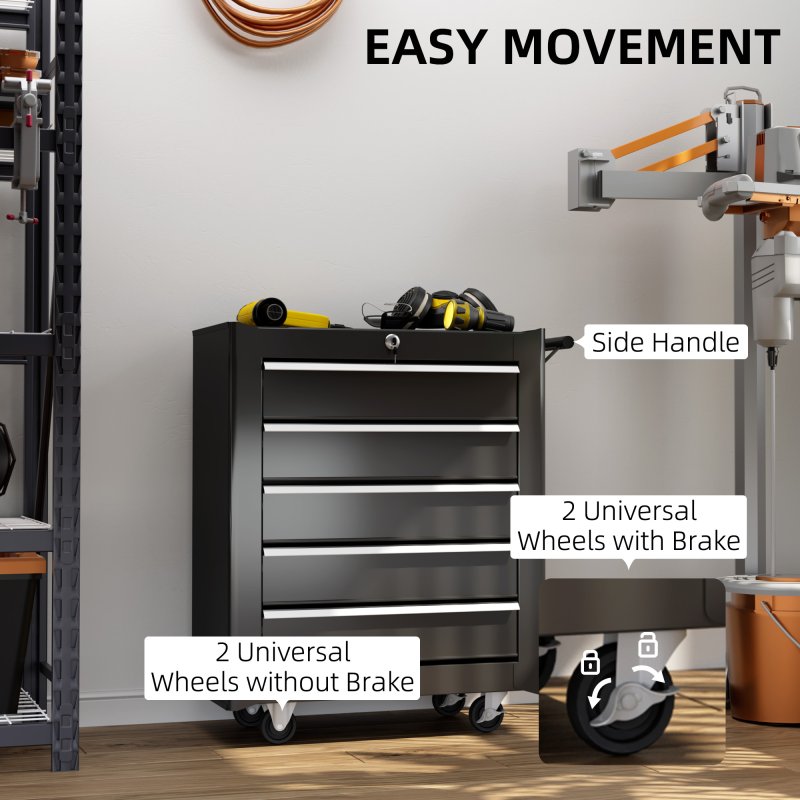 HOMCOM Steel 5-Drawer Tool Storage Cabinet Lockable with Wheels Handle 2 Keys Garage Equipment Trolley Home Work DIY Workshop Chest Black