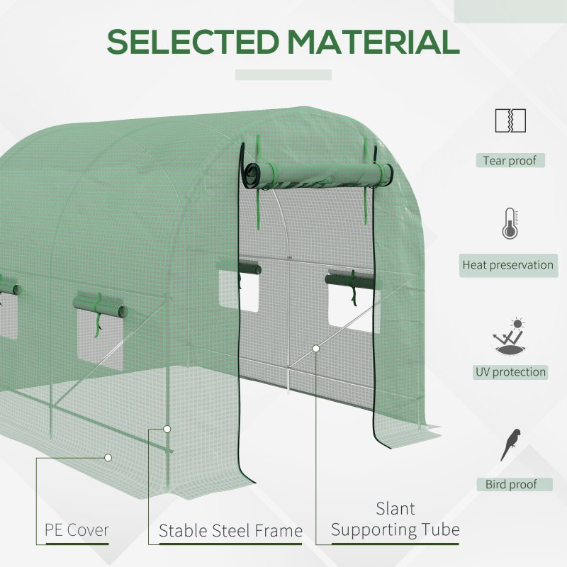 Outsunny 2.5 x 2m Walk-In Polytunnel Greenhouse, with Steel Frame, PE Cover, Roll-Up Door and 4 Windows, Green