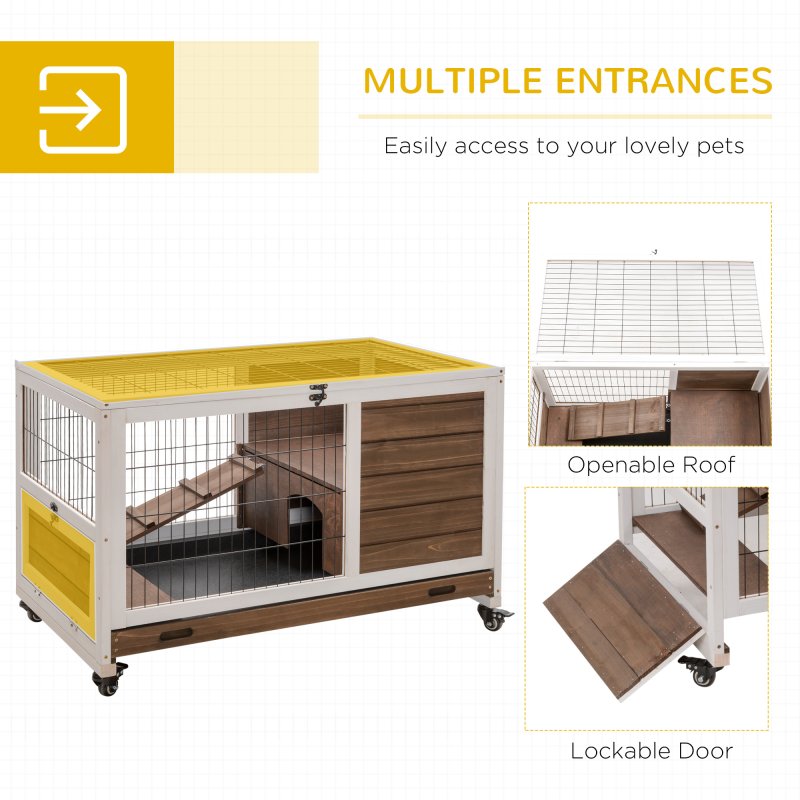 PawHut Indoor Rabbit Cages Guinea Pig Hutch, with Openable Roof, Wheels, Indoor Enclosed Run with No-Leak Tray, Brown