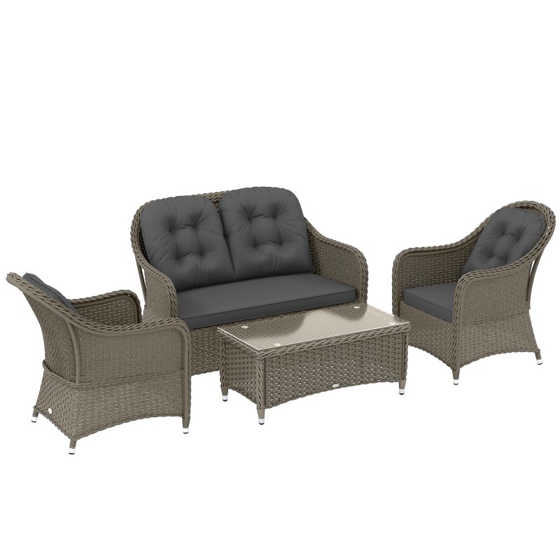 Outsunny 4 Pieces Outdoor PE Rattan Garden Furniture with Cushions, Patio Special Hand Weave Wicker Conservatory Sofa Set with Glass Top Coffee Table, Light Grey