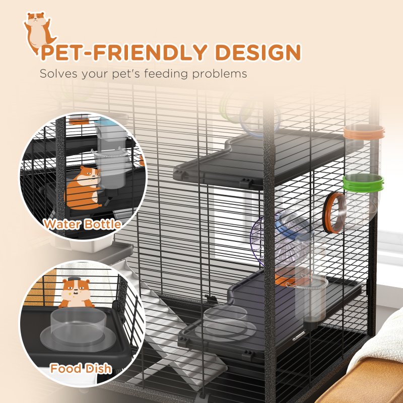 PawHut Large Hamster Cage, Gerbil Cage with Wheels, Tubes, Storage Shelf, Ramps, Running Wheel, Food Dish, Water Bottle, for Syrian Hamster - Black