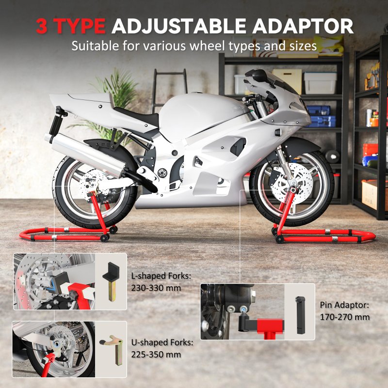 HOMCOM Motorcycle Stand Lift, 390 kg Capacity Convertible Front/Rear Motorbike Motorcycle Paddock Lift Stand with Adjustable U+L Fork Pin Adaptors, Wheels, Clamping Clips, Red
