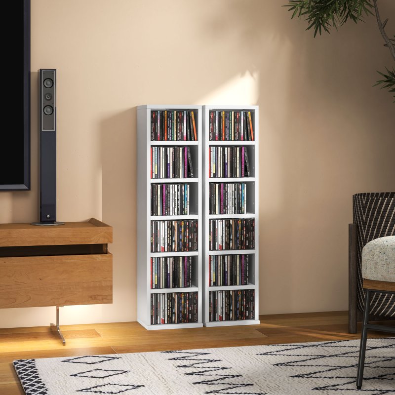 HOMCOM 204 CD Media Display Shelf Unit Set of 2 Blu-Ray Tower Rack w/ Adjustable Shelves Bookcase Storage Organiser, High Gloss White
