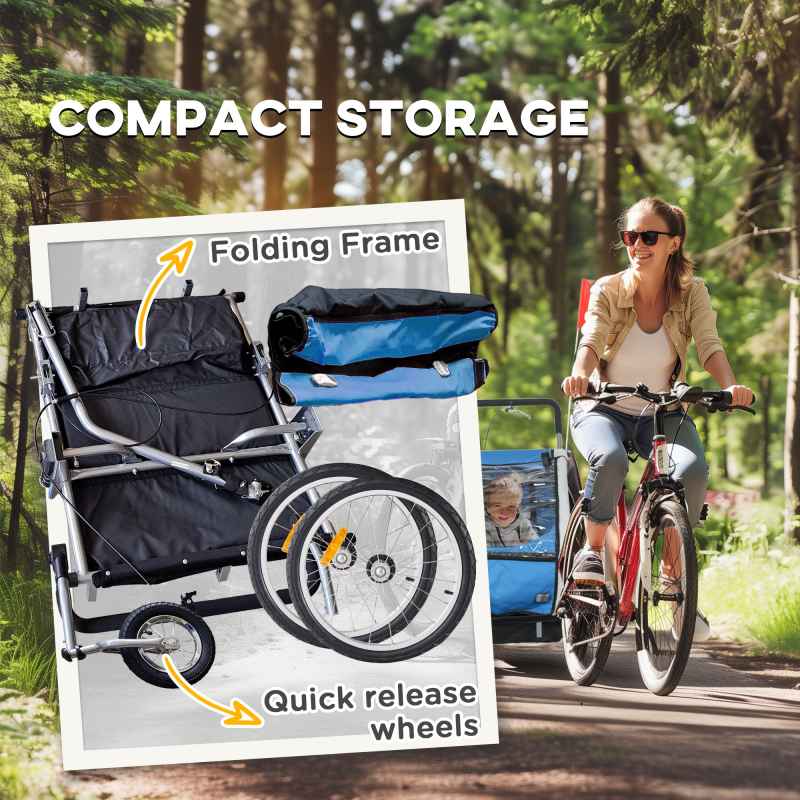 HOMCOM 2 Seat Bike Trailer for Kids, Baby Bike Stroller with 5 Point Harness, Child Bicycle Trailer with Safety Flag, Reflectors, Windproof Curtain, for 18+ Months, Blue