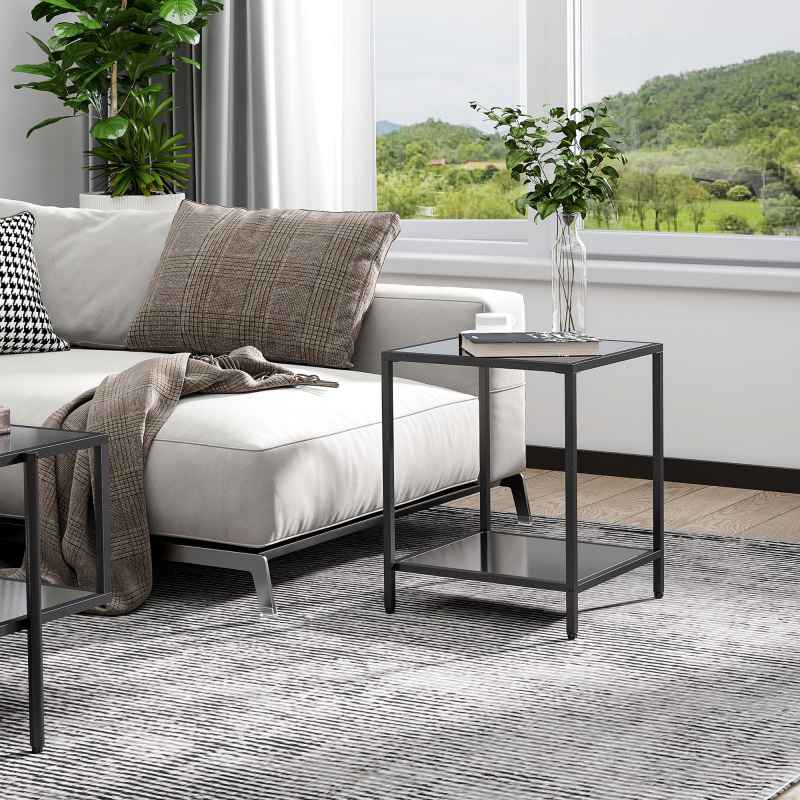 HOMCOM Tempered Glass Side Table with Storage, Modern 2-Tier Bedside Table with Steel Frame, Black