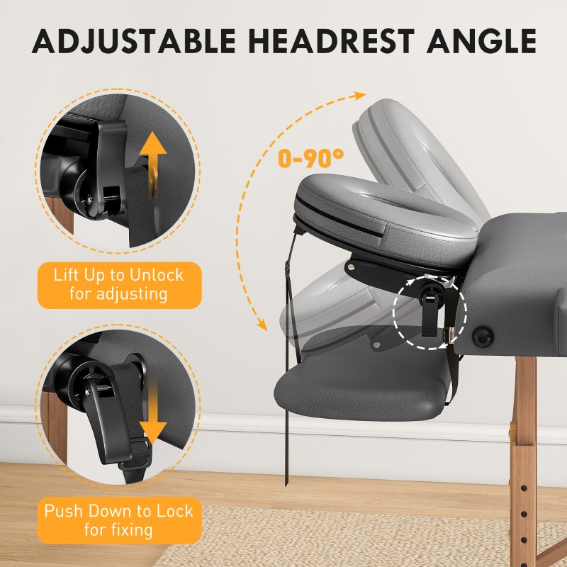 HOMCOM Portable Massage Table, 3 Section Adjustable Beauty Bed, Wooden Foldable Massage Bed with Face Cradle, Padded Armrests for Spa, Lash, Tattoo, Grey