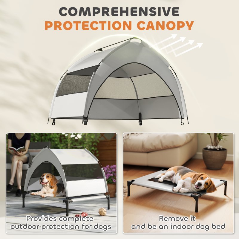 PawHut Elevated Dog Bed with Removable Canopy, Portable Cooling Raised Pet Cot with Breathable Mesh, Storage Bag, for Indoor Outdoor Use, for Small Medium Dogs, 76 x 61 x 70 cm, Light Grey